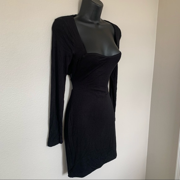 Princess Polly Black Long Sleeve Square Neck Tie Cut Out Back Mini Dress - Picture 4 of 11